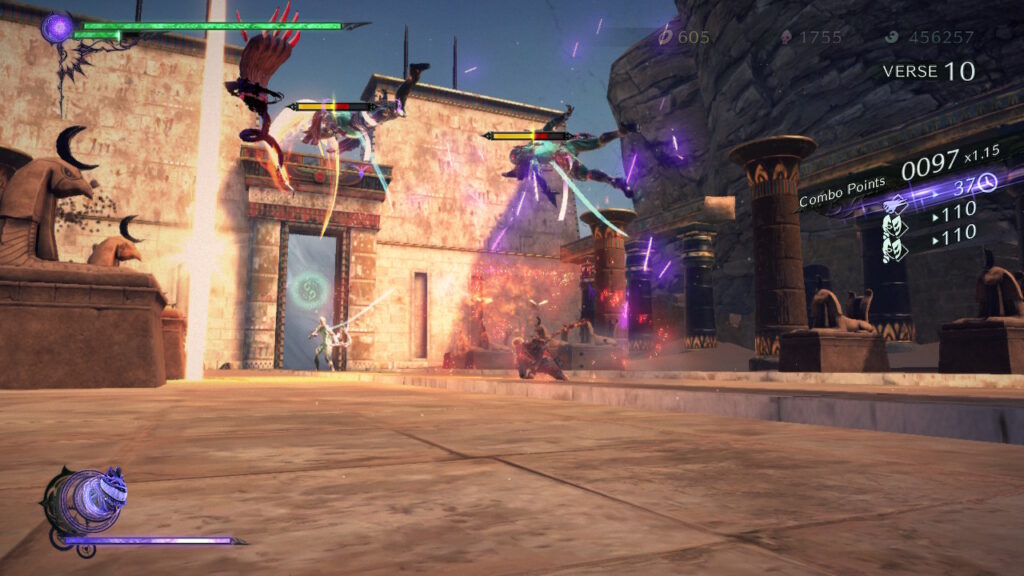 Bayonetta 3 - viola battling homunculi. Multiple flying away after being hit by her sword