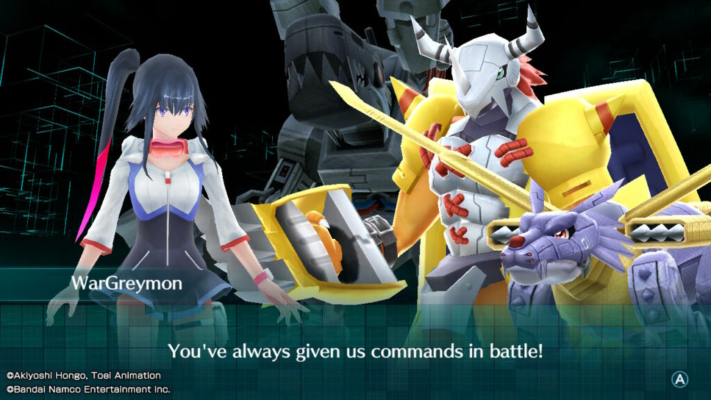 Een gesprek tussen de hoofdpersoon en twee Digimon in Digimon World: Next Order