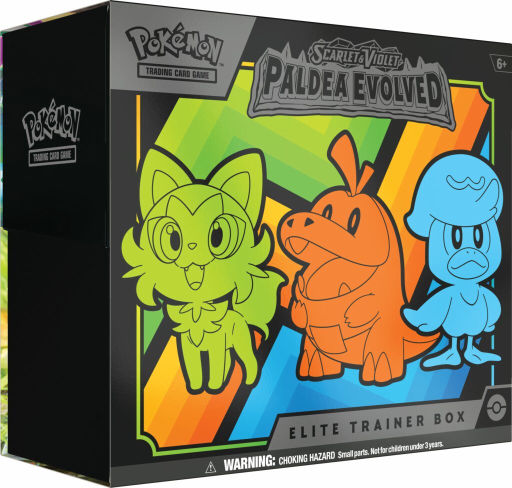 Pokemon TCG Paldea Evolved ETB met Sprigatito, Quaxly en Fuecoco op de doos