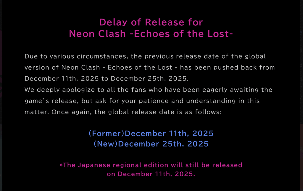 Neon Clash -Echoes of the Lost- release vertraagd