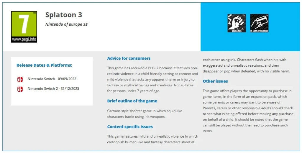 Splatoon 3 Switch 2 PEGI rating