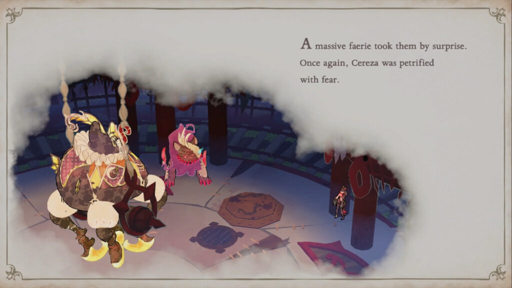 Bayonetta origins review screenshot. Cereza en cheshire in een cutscene