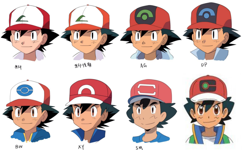 Hoofd van ash uit Pokémon in verschillende stijlen