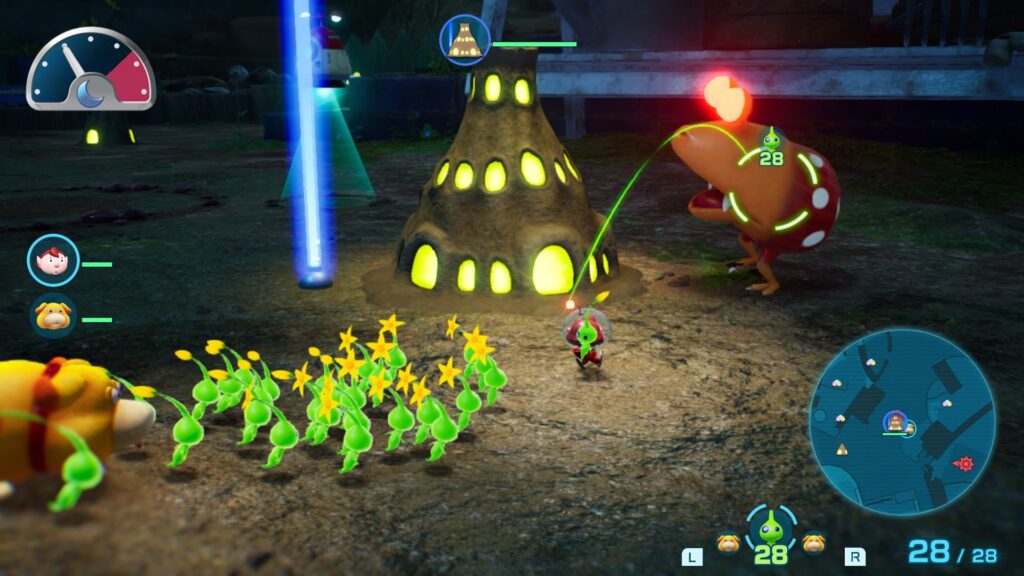 Pikmin 4 screenshot, speler gooit glow pikmin op een vijand.