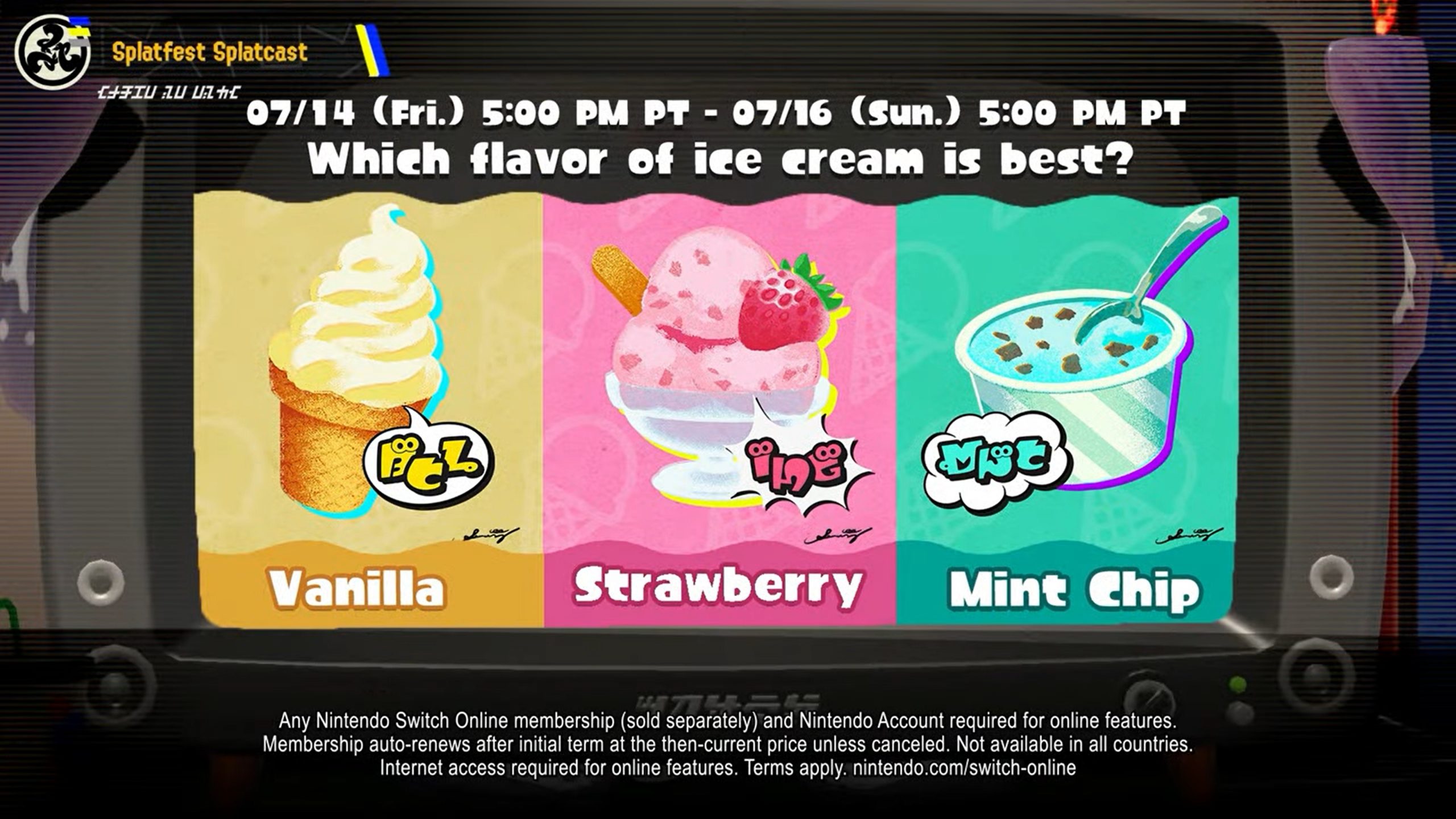 Splatoon 3 ice cream splatfest choices: mint, vanilla and strawberry