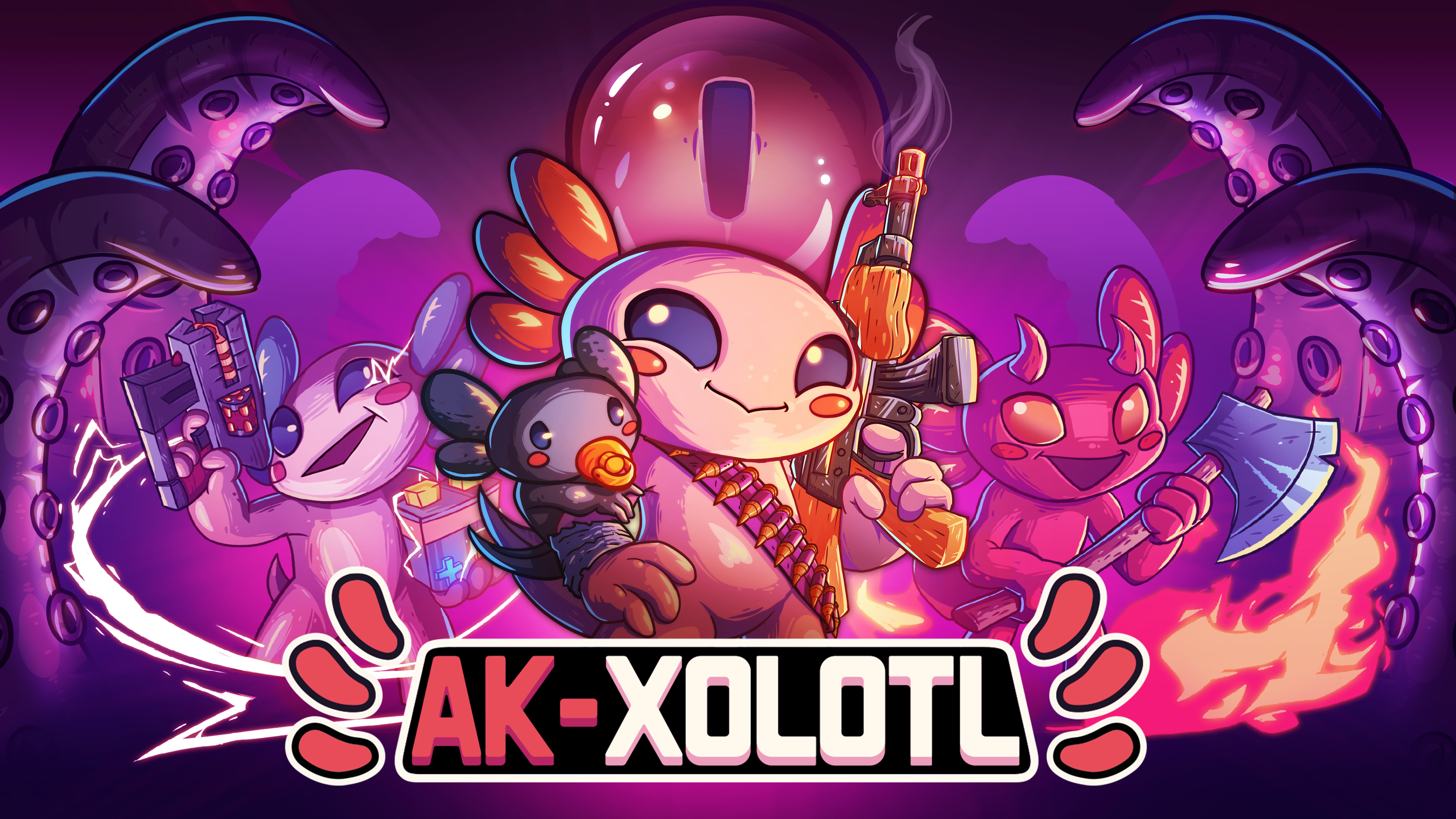AK-Xolotl keyart met een Axelot met wapens voorop.