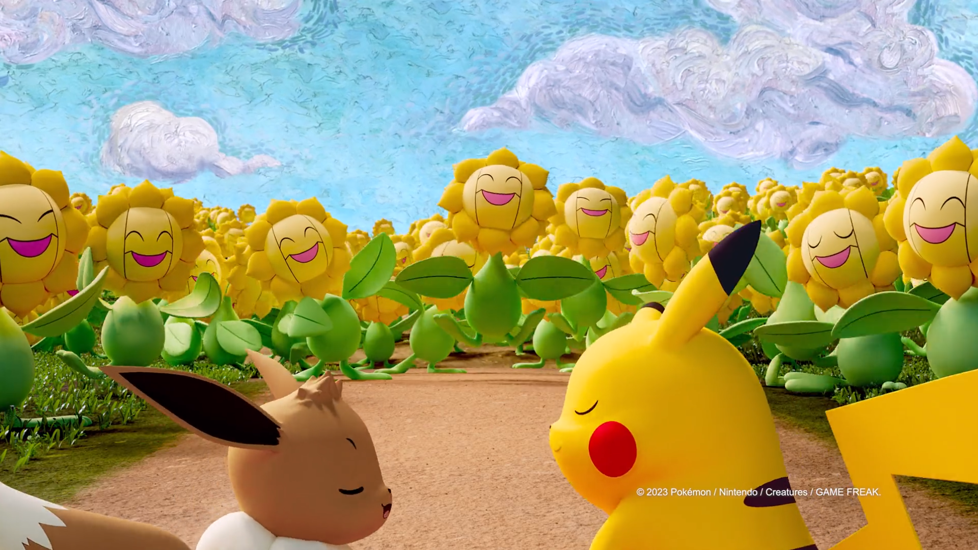 Screenshot van pikachu en eevee met een horde sunflora's. De achtergrond is geschilders als een soort van gogh schilderij