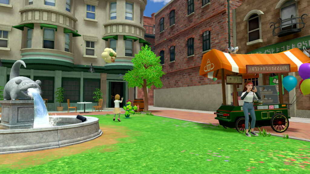 Piazza della città di Detective Pikachu Rhyme con fontana e stand gastronomico