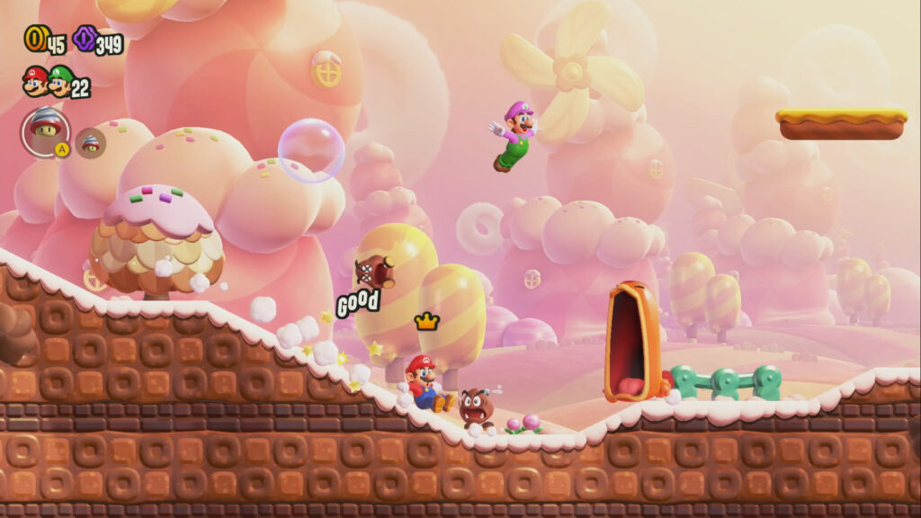 Super Mario Bros. WOnder Maw Maw screenshot die goed de animaties van Mario laat zien