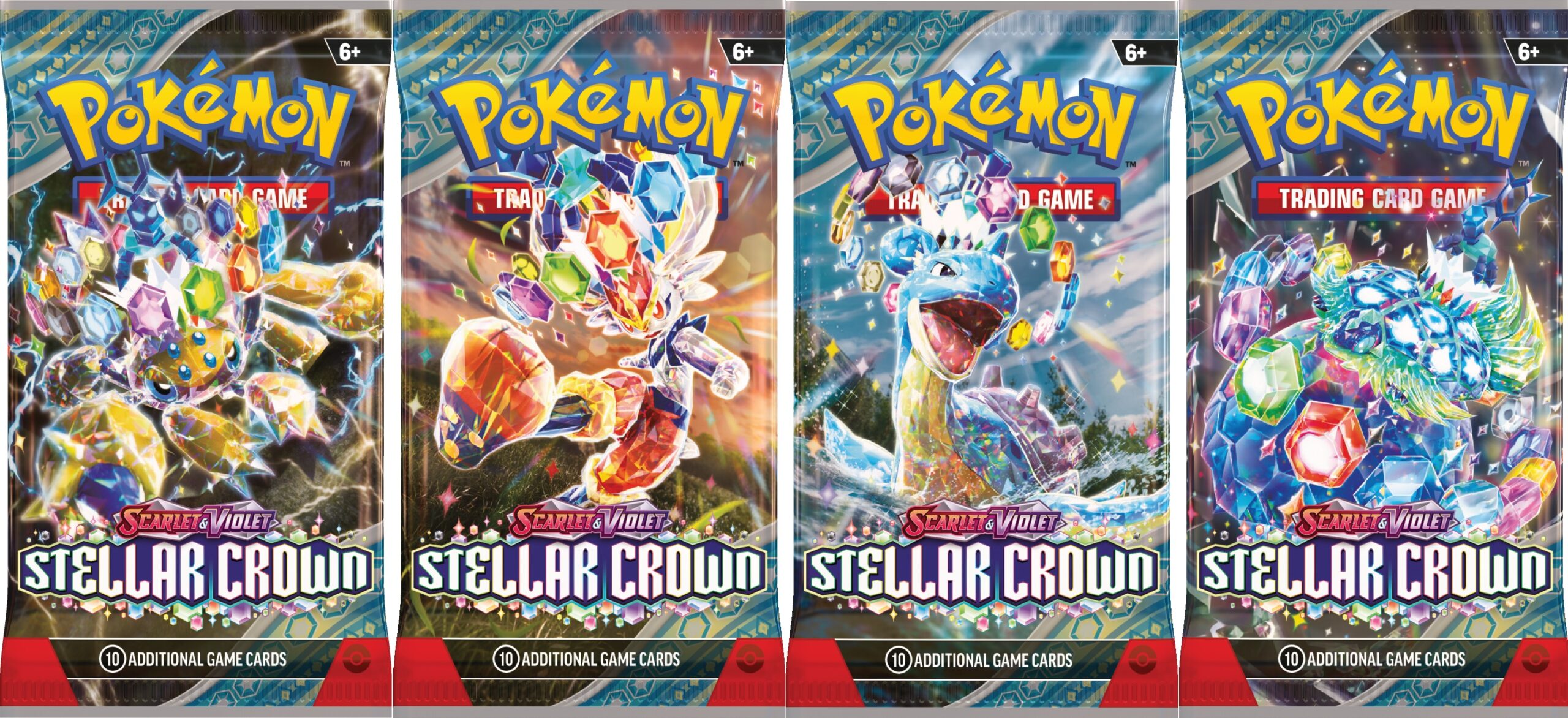 Pokemon TCG Stellar Crown booster packs with stellar Galvantula, Cinderace, Lapras and Terapagos
