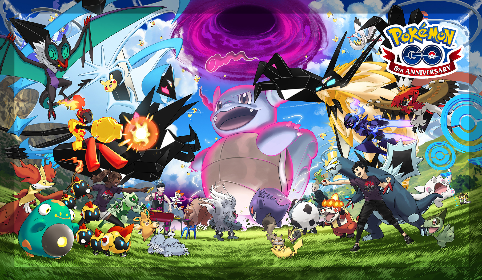 Pokémon Go 8th Anniversary afbeelding, toont verschillende pokemon en personages. Het opvallendste is een dynamax wartortle