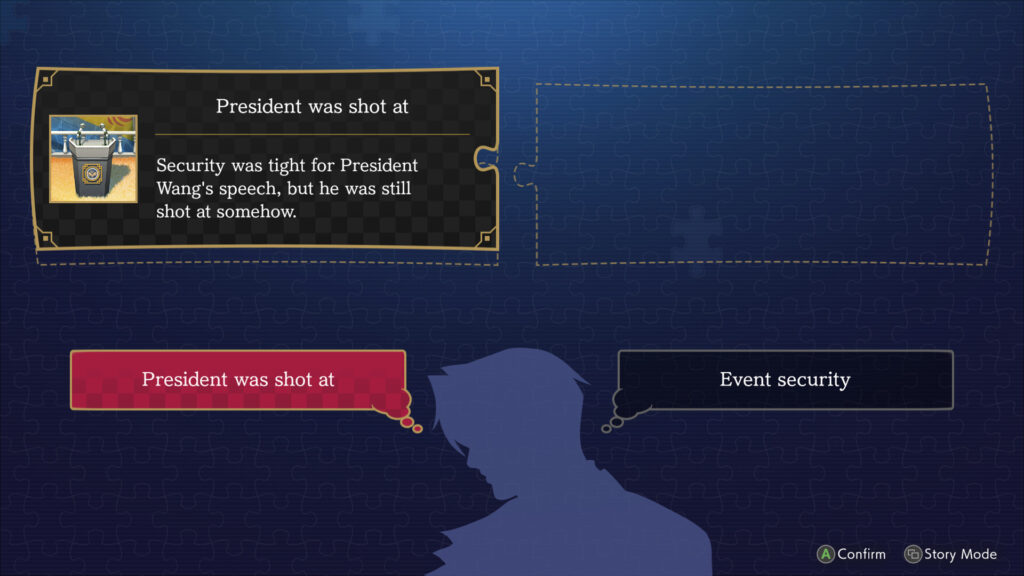 Afbeelding van het Logic systeem uit de game. De puzzelstukjes zijn "President was shot at"  en "Event security"