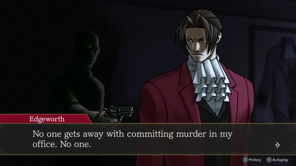 Afbeelding van Edgeworth die onder schot gehouden wordt. De tekst lees "No one gets away with committing murder in my office. No one."