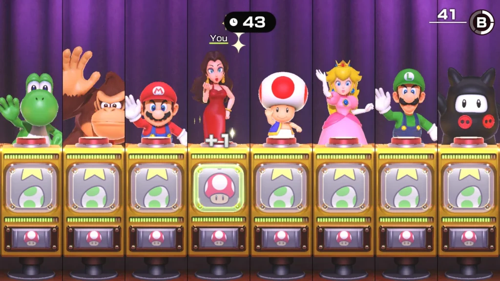 Voorbeeld van Super Mario Party Jamboree. 8 spelers doen een spel waarbij ze op een knop moeten drukken om hetzelfde symbool als beneden te krijgen. 