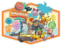 Pokémon Worlds 2025 Anaheim artwork. Toont verschillende Pokémon in een gele cabrio en wat neon borden.