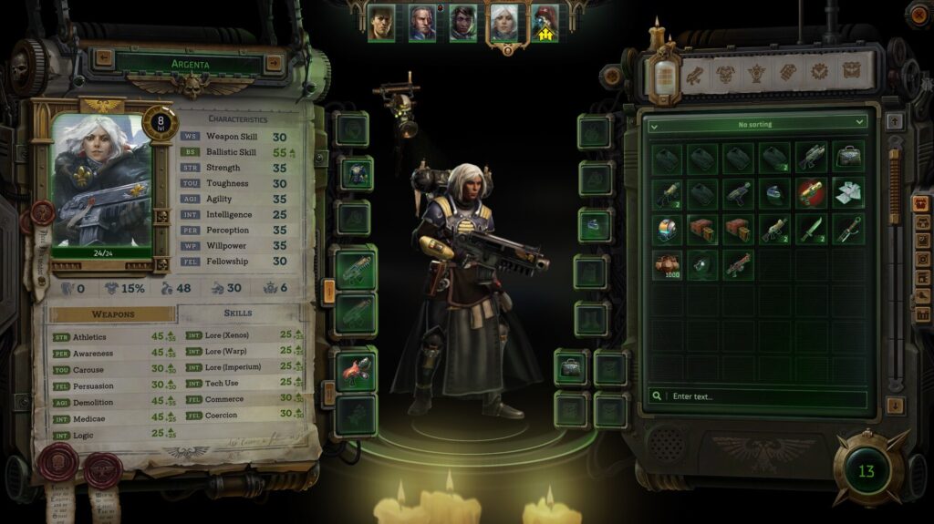 Warhammer 40,000: Rogue Trader - voorbeeld van een character inventory screen en de vele statistieken