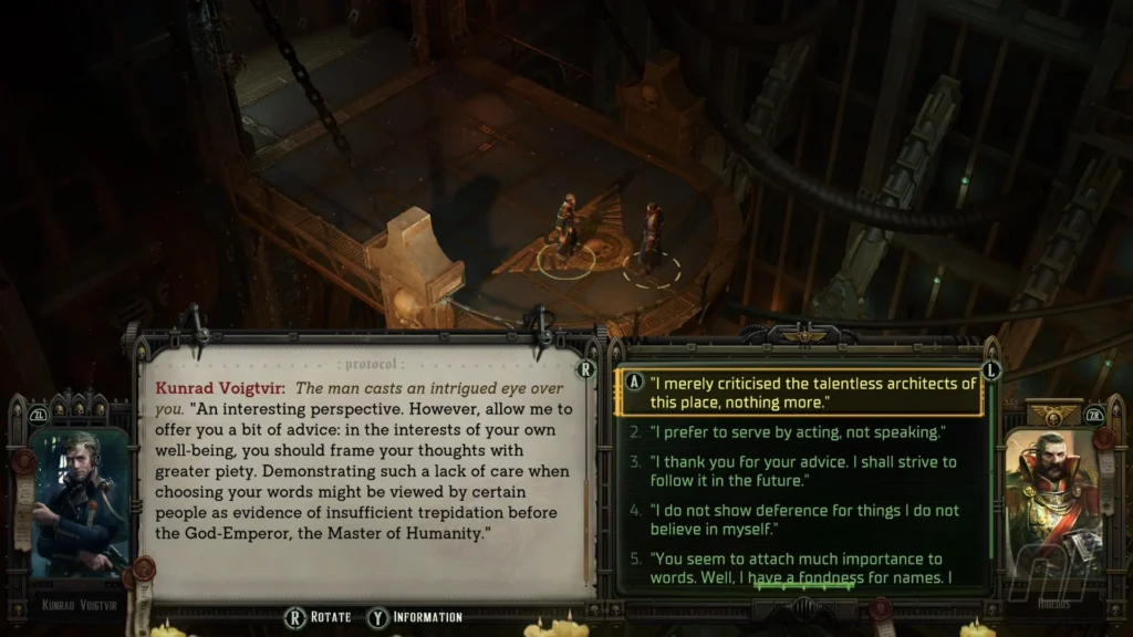 Warhammer 40,000: Rogue Trader - voorbeeld van het dialoog, en de vele keuzes die je erin kan maken