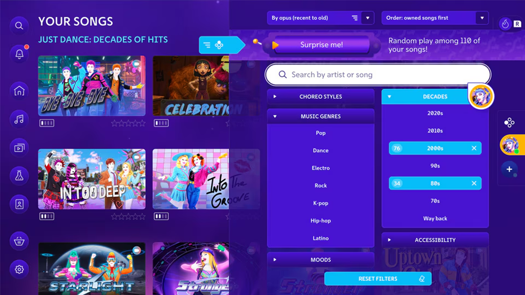 Just Dance: Decades of Hits menu